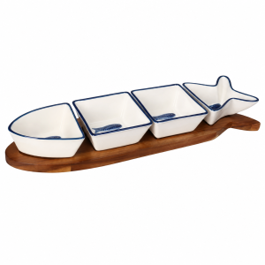 Snack Serving Platter Set 5 Piece Fish Shaped Ceramic with Wooden
