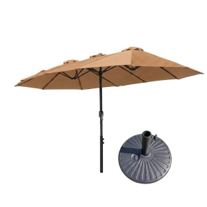 3 Roof Iron Parasol Patio Umbrella With Base 265x455cm - Brown