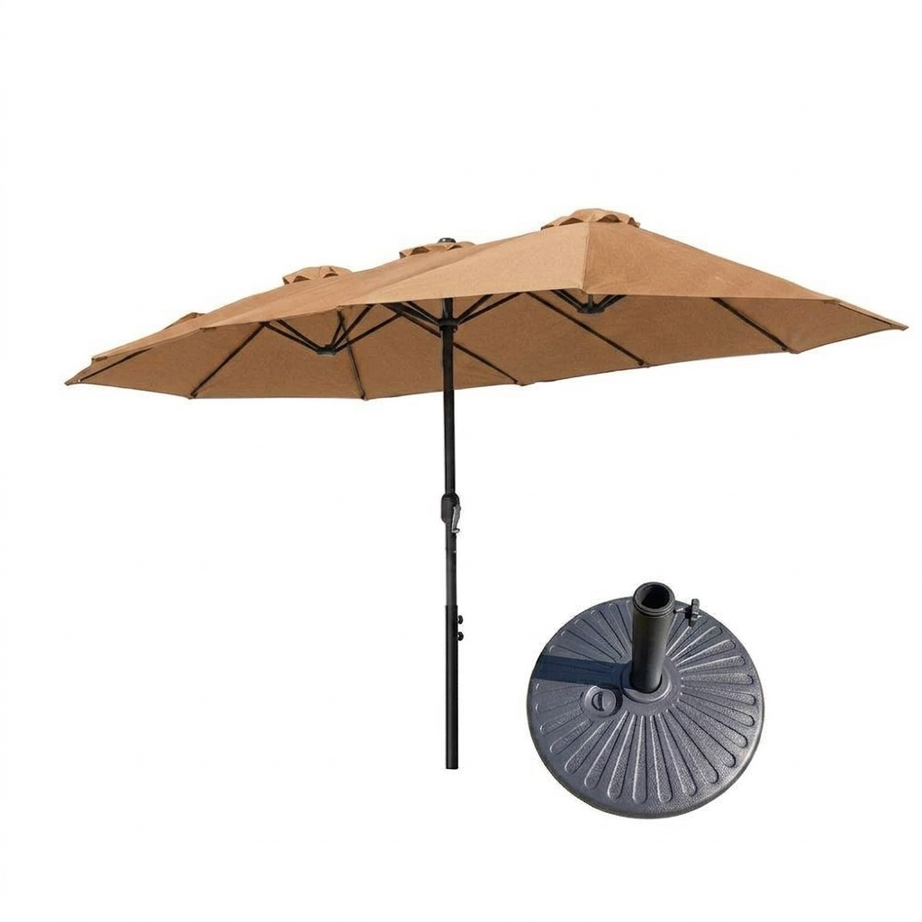 3 Roof Iron Parasol Patio Umbrella With Base 265x455cm - Brown