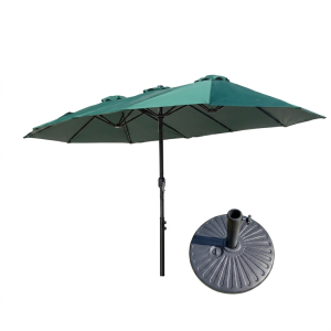 3 Roof Iron Parasol Patio Umbrella With Base 265x455cm - Dark Green