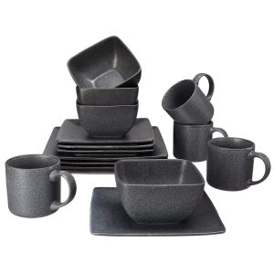 Dark Gray Square Stoneware 16-Piece Dinnerware Set