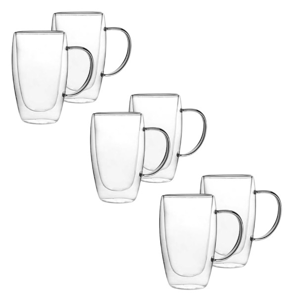 450 ml - 6 Pack Double-Layer Glass Cups with Handles - Transparent