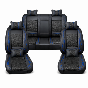 Pu Leather Car Seat Covers Black and Blue with Headrests Full Set