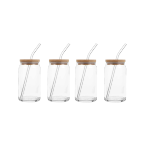 Set of 4 Can-Shaped Glasses - With Wooden Lids & Straws