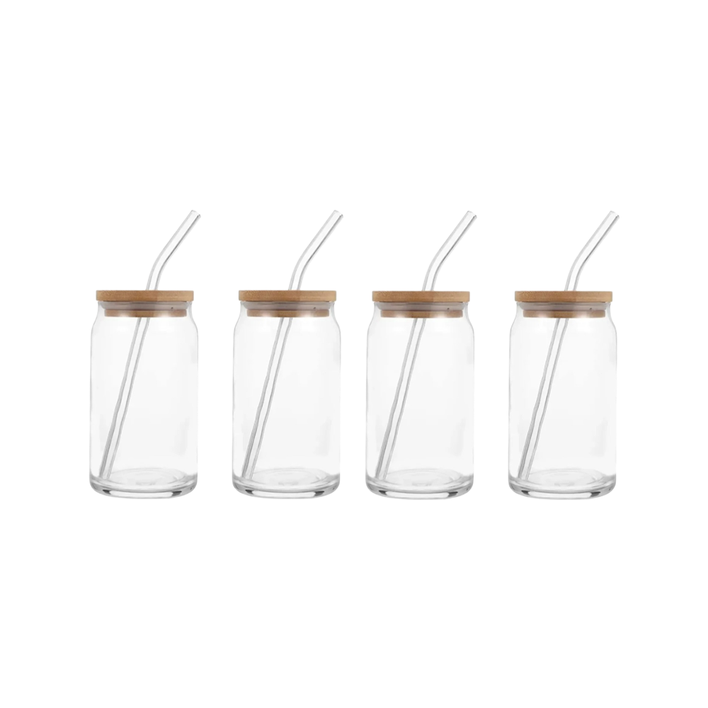Set of 4 Can-Shaped Glasses - With Wooden Lids & Straws