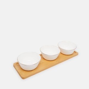Plain White Serving Bowl Set with Bamboo Tray (4 Pieces)