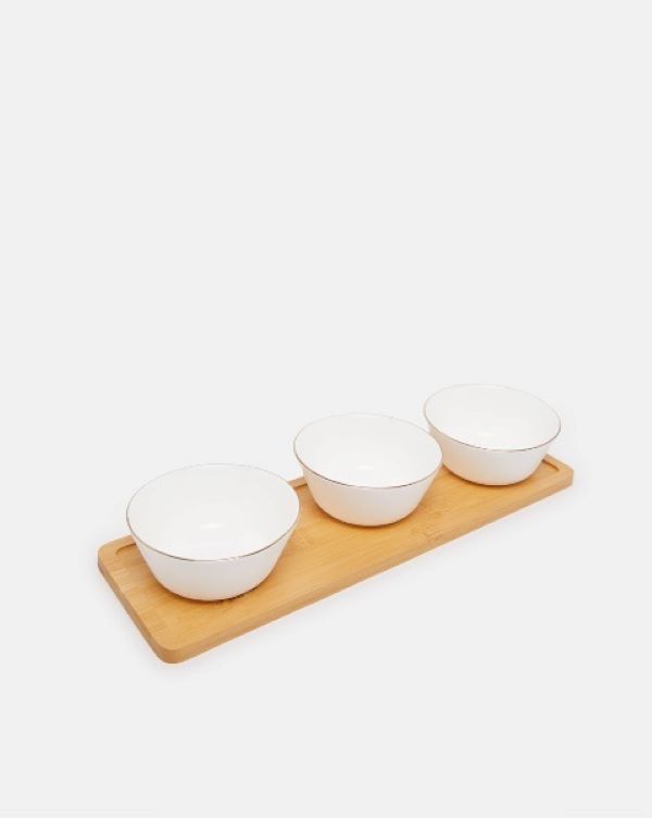 Plain White Serving Bowl Set with Bamboo Tray (4 Pieces)