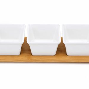 3 Ceramic Snack Bowl Set with Bamboo Serving Tray Condiment Sauce & Platter