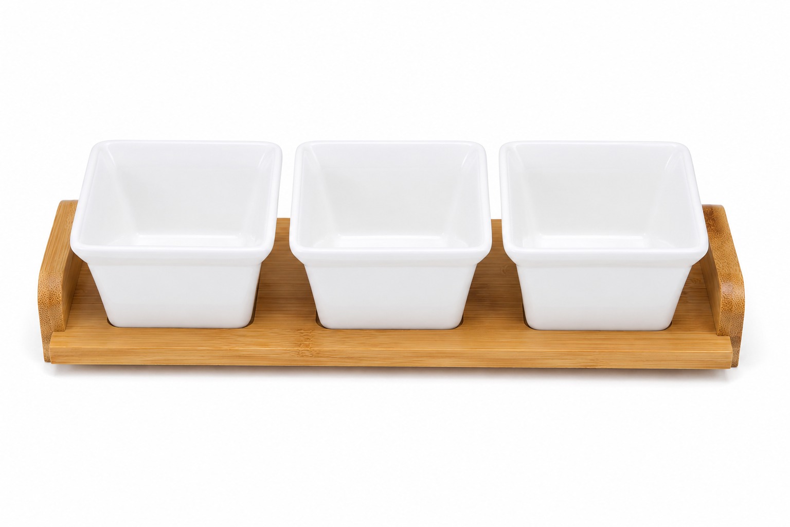 3 Ceramic Snack Bowl Set with Bamboo Serving Tray Condiment Sauce & Platter