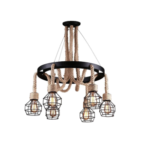 Vintage 6-Light Hemp Rope Wheel Chandelier