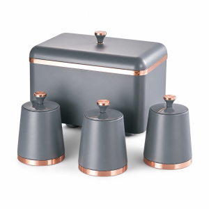 Bread Bin and Canisters, Set Grey and Copper In Colour