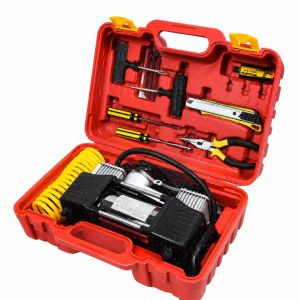 Kit with Air Compressor Red Case Includes Assorted Hand Tools