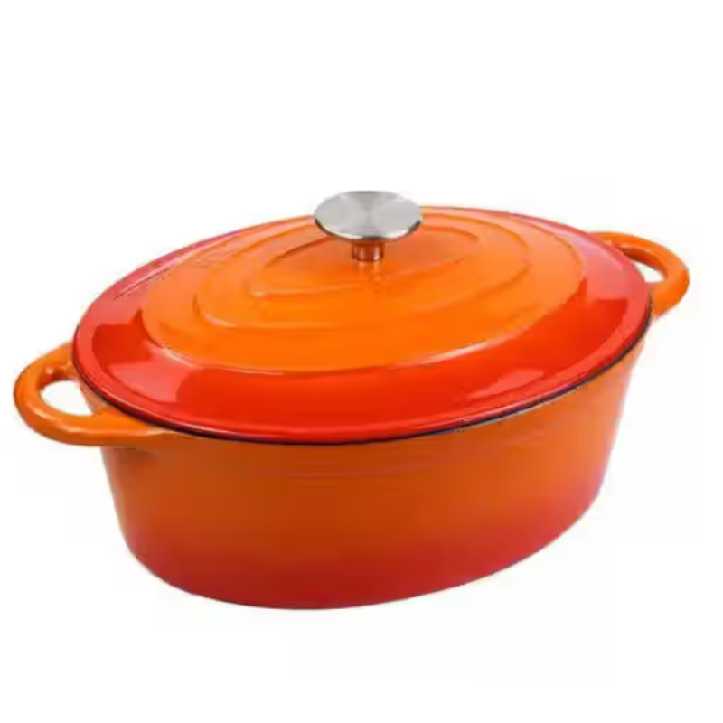 Oval Enamel Cast Iron Casserole Pot with Lid - Orange Gradient